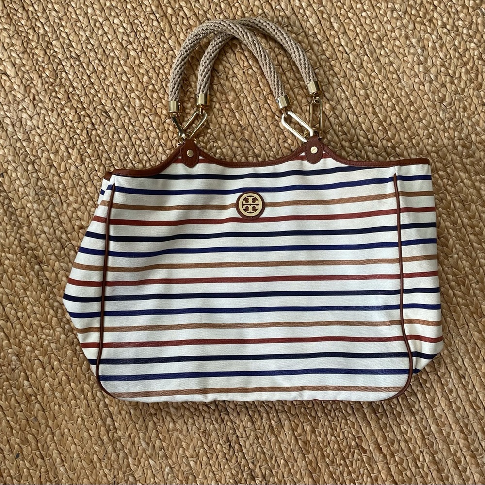 Tory Burch Stripe Large Canvas Tote Rope Handles
